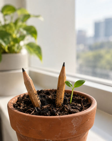 Two pencil stubs planted in soil with a seedling growing in a terracotta pot