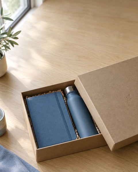 A kraft gift box with a blue notebook and a blue bottle inside, lid resting beside it