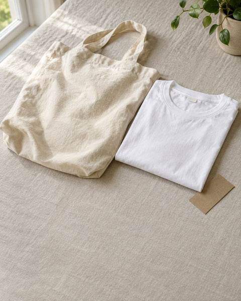 A cream canvas tote and a folded white t-shirt beside a kraft card on a linen surface