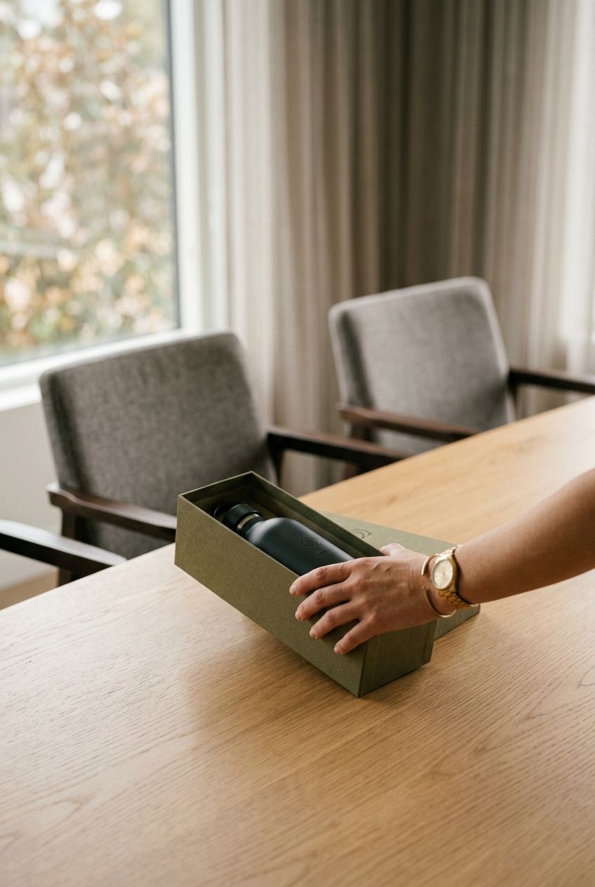 A hand placing a client gift box with an insulated steel bottle on a meeting room table
