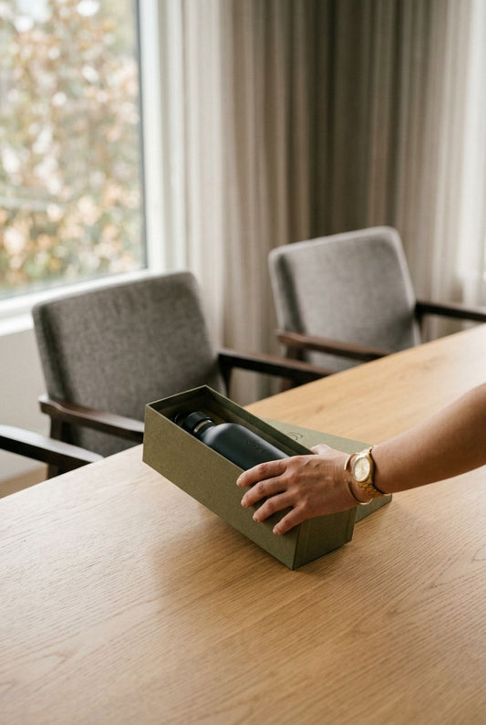 A hand placing a client gift box with an insulated steel bottle on a meeting room table