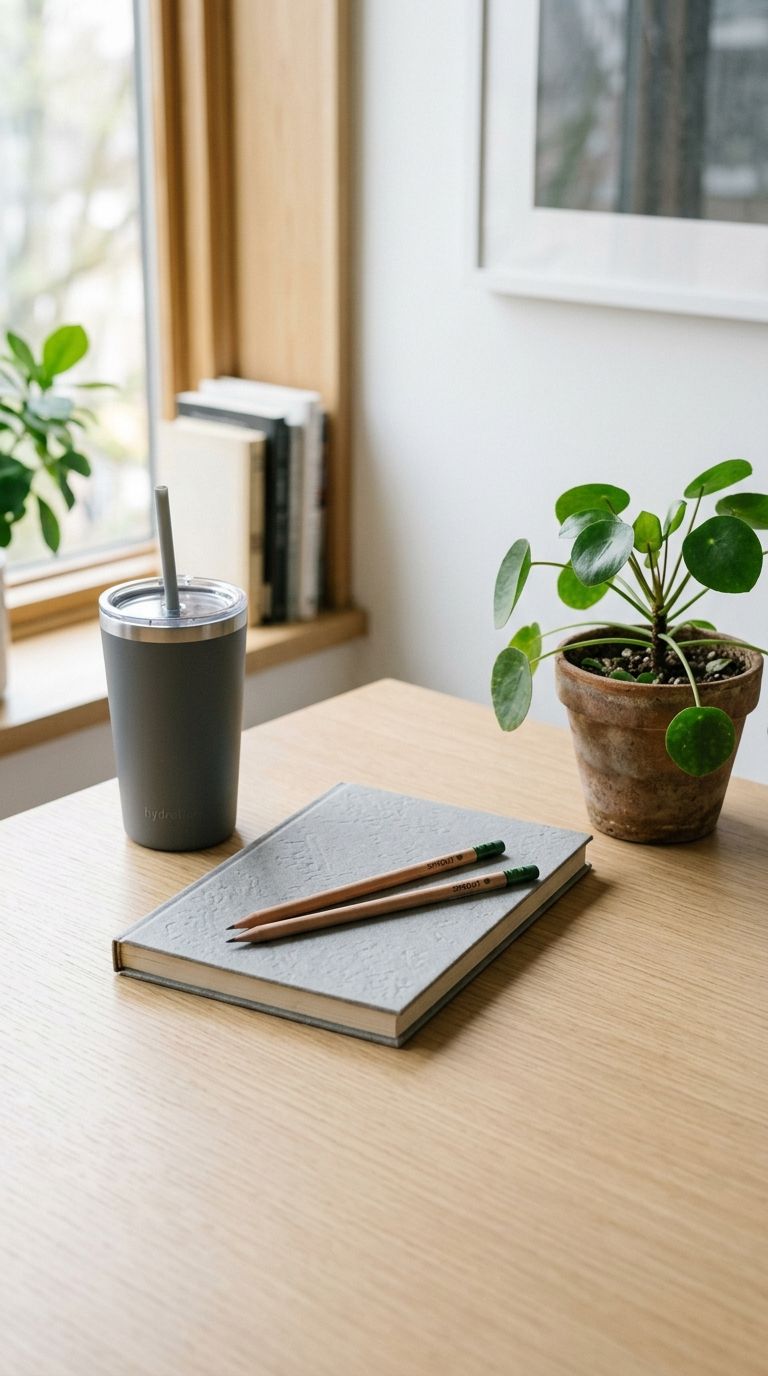 A grey stone paper notebook, plantable pencils and an insulated tumbler on an office desk