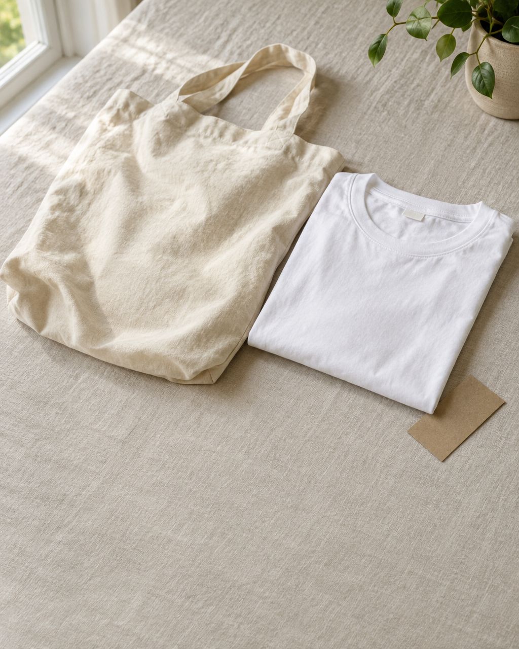 A cream canvas tote and a folded white t-shirt beside a kraft card on a linen surface