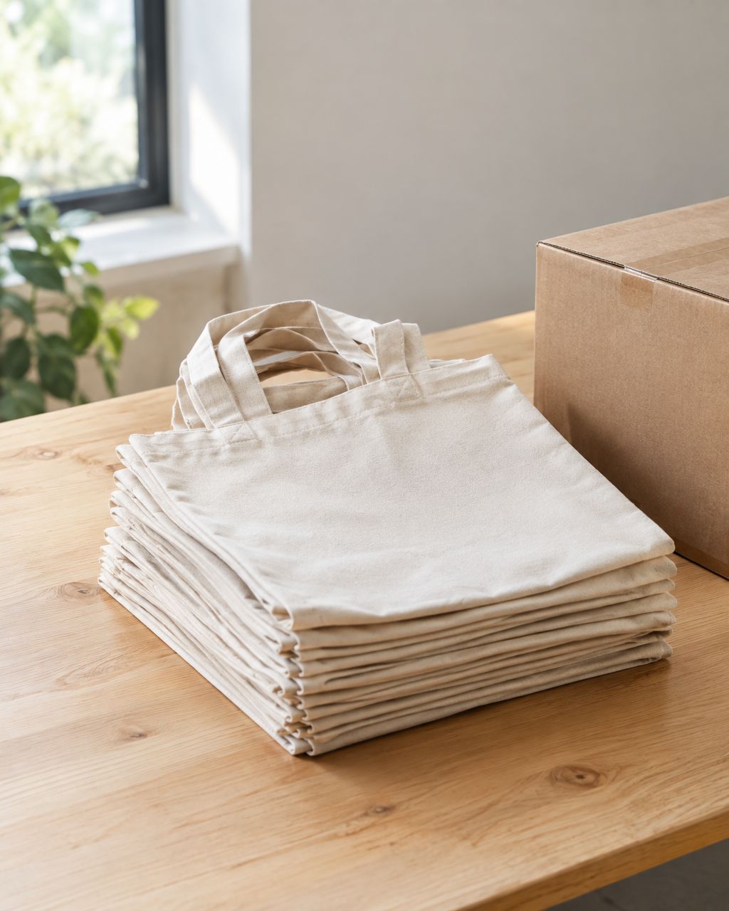 A stack of natural cotton tote bags on a table beside a cardboard box