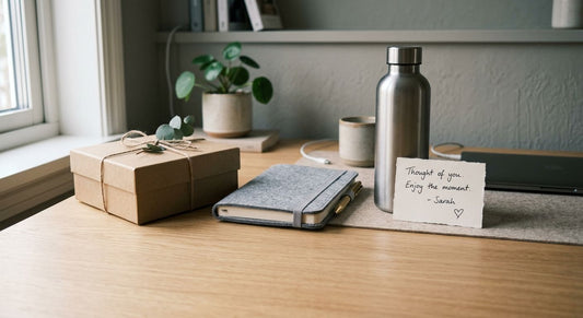 A work anniversary gift set on a desk with a felt notebook, steel bottle and handwritten card