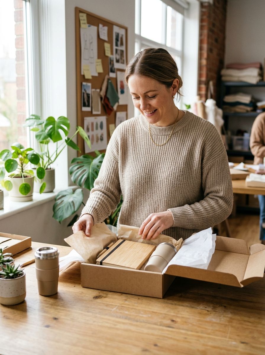 A coordinator packing an in-house employee gift box with a bamboo notebook and reusable cup