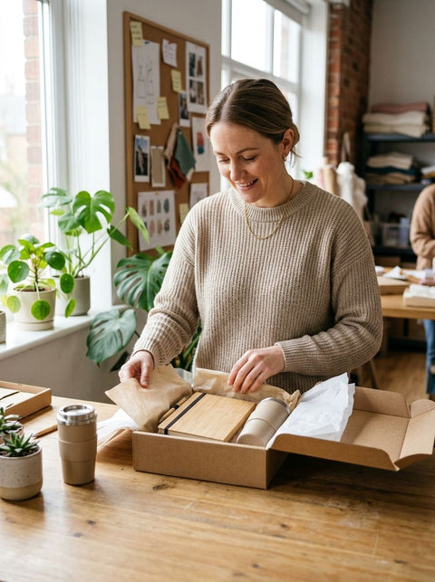 A coordinator packing an in-house employee gift box with a bamboo notebook and reusable cup