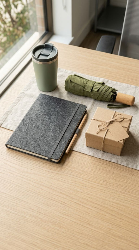 A client gift flat lay with a felt notebook, insulated cup, compact umbrella and kraft gift box