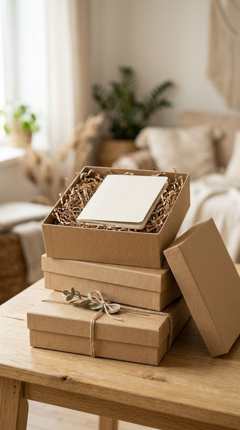 Stack of natural kraft eco-friendly gift boxes with recycled paper filler