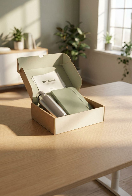 How to choose employee onboarding gift boxes: a welcome kit with insulated bottle and notebook on an office desk