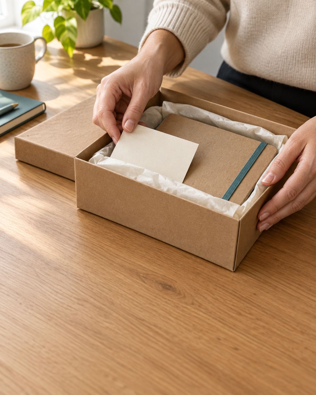 Hands placing a blank note card into a kraft gift box beside a recycled notebook