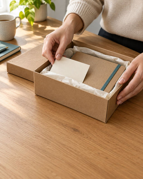 Hands placing a blank note card into a kraft gift box beside a recycled notebook