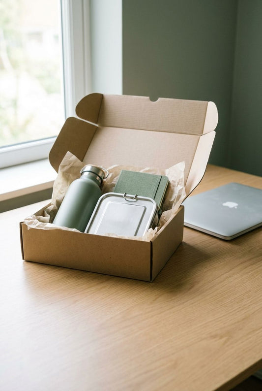 Employee gifting ideas for remote teams: an open gift box with daily-use items beside a home office desk