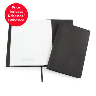 Black leather notebook with debossed/embossed feature on a white background