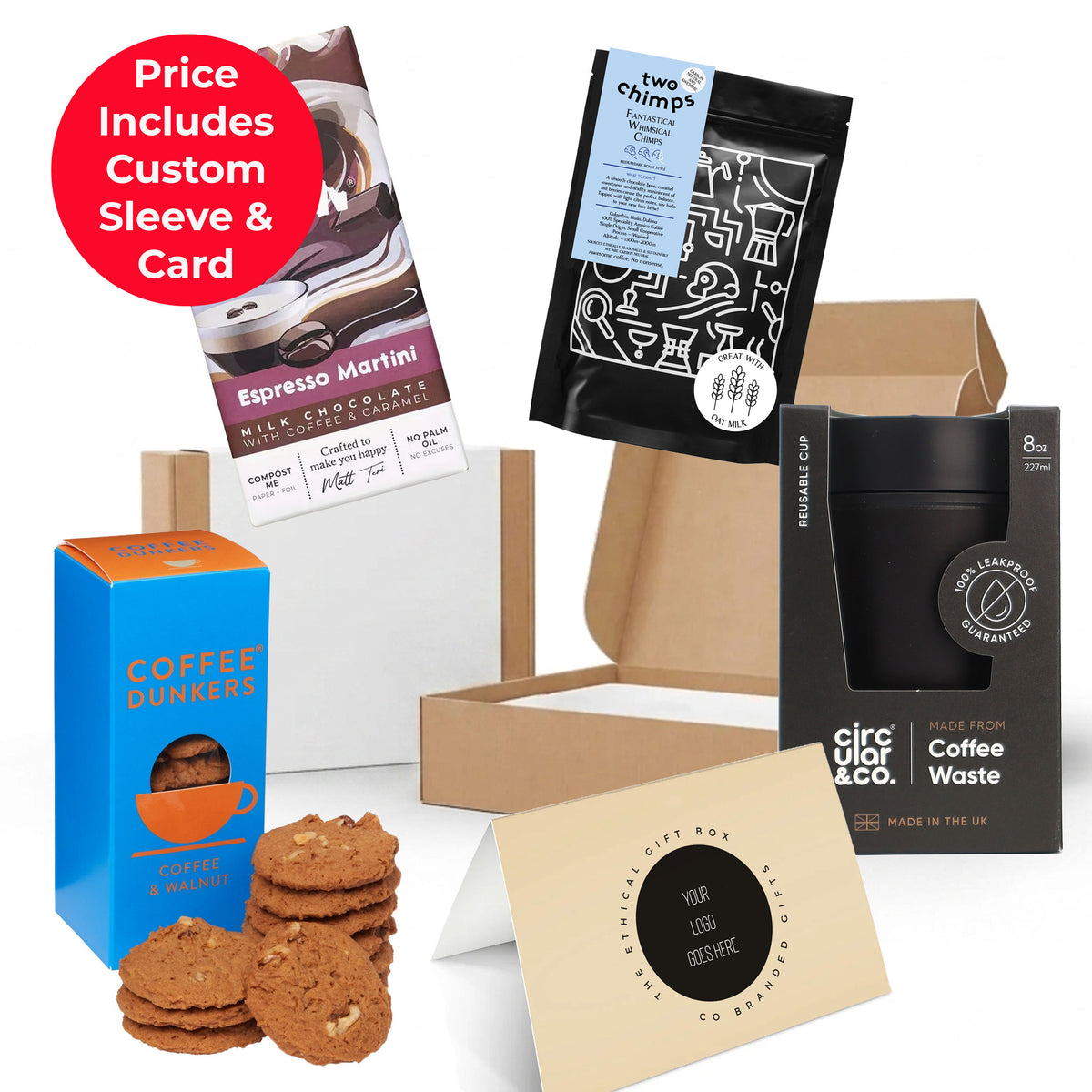 The Coffee Lovers Box featuring a Circular & Co coffee-waste cup, Two Chimps coffee, and Gnaw chocolate, presented in a sustainable kraft box finished with an eco sizzle pack and branded sleeve