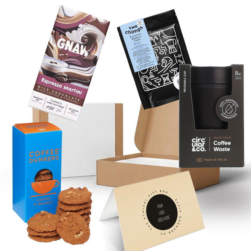 The Coffee Lovers Box featuring a Circular & Co coffee-waste cup, Two Chimps coffee, and Gnaw chocolate, presented in a sustainable kraft box finished with an eco sizzle pack and branded sleeve