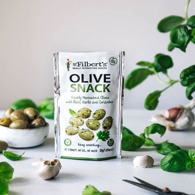 Green Pitted Olives With Basil, Garlic & Coriander (30g) Grab & Go Mr Filberts   