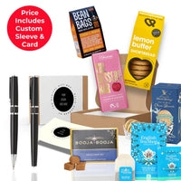The Gold Standard premium quality gift box from the ethical gift box, presented in a co-branded sleeve with engraved pen set and espresso truffles thumbnail
