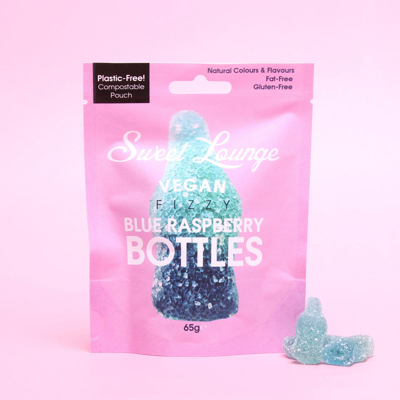 Vegan Fizzy Blue Raspberry Bottles 65g Grab & Go Sweet Lounge   