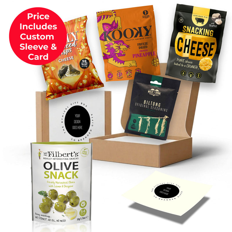 Snack Attack team snack box from the ethical gift box, packaged in a co-branded sleeve with Made For Drink biltong, Mr Filbert's olives and Emily seaweed crisps
