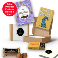 The Hat Tip gift box featuring Love Cocoa honeycomb chocolate, Otherly oat milk chocolate, and Booja Booja hazelnut truffles, presented in a sustainable kraft box with eco sizzle pack and branded sleeve thumbnail