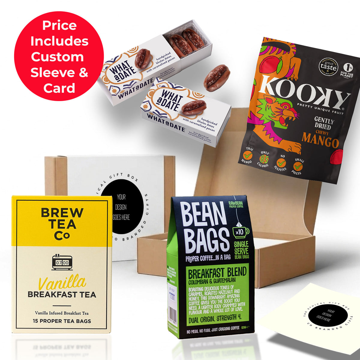 The Morning Hit gift box featuring Raw Bean coffee bags, Brew Tea Co vanilla breakfast tea, and What a Date pecan snacks, presented in a sustainable kraft box with eco sizzle pack and branded sleeve