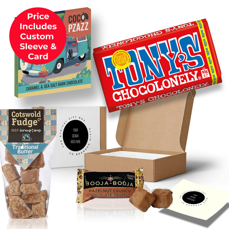 The Sweet Spot gift box featuring Tony's Chocolonely, Booja Booja hazelnut truffles, and Cotswold Fudge Co butter fudge, packaged in a sustainable kraft box with eco sizzle pack and a co-branded sleeve