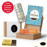 The Thank You gift box featuring Love Cocoa honeycomb chocolate, Tony's Chocolonely, and Folkington's elderflower pressé, beautifully presented in a sustainable kraft box with eco sizzle pack and branded sleeve thumbnail