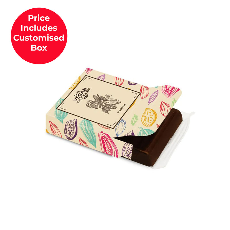 Vegan dark chocolate 19g bar with custom corporate branding