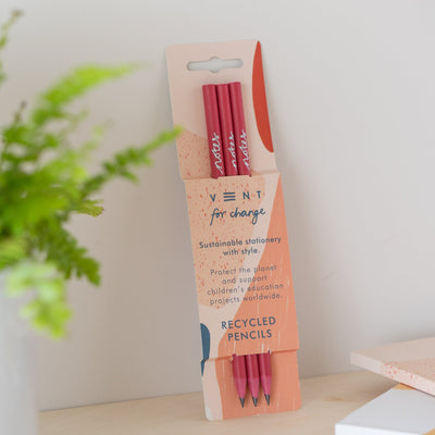 3 Pink Recycled Pencils in Coral Notes Sleeve Grab & Go Vent For Change   